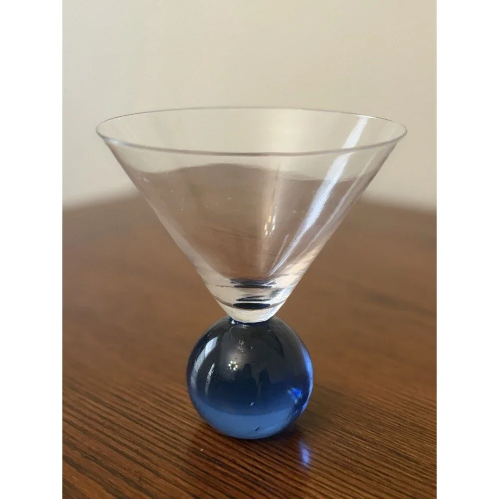Set of 2 Post Modern Clear Glass Martini Glasses Blue & Amber Ball Base